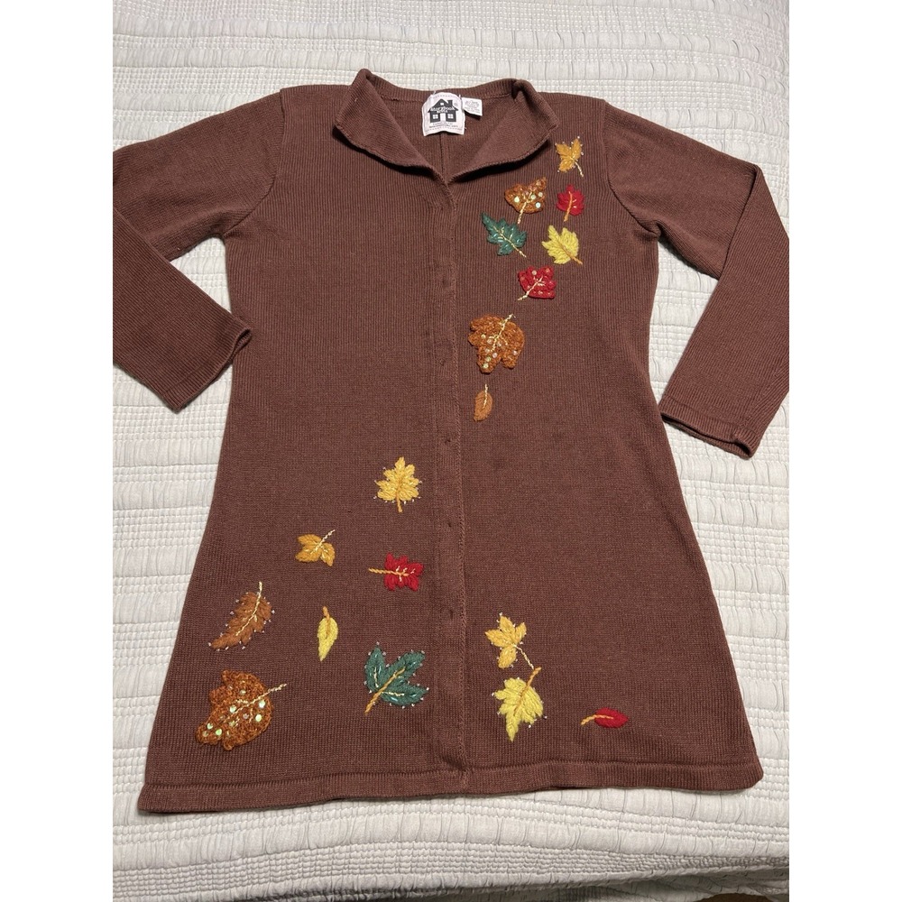 Storybook Knits Brown Long Duster Cardigan Fall Leaves Embroidery Beaded Size M